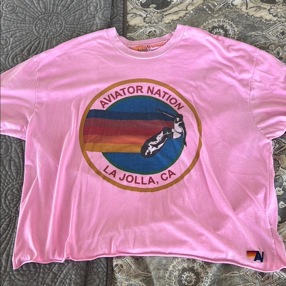 Aviator Nation Pink Tee with Rainbow Graphic